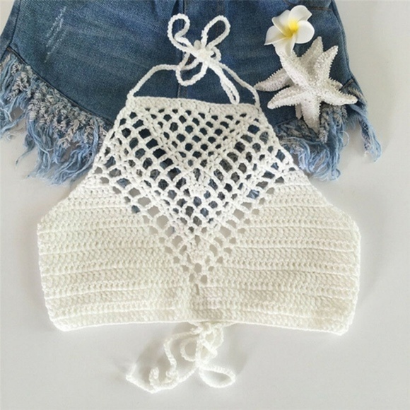 Boho Handmade White Crochet Halter Crop Top - Picture 2 of 7